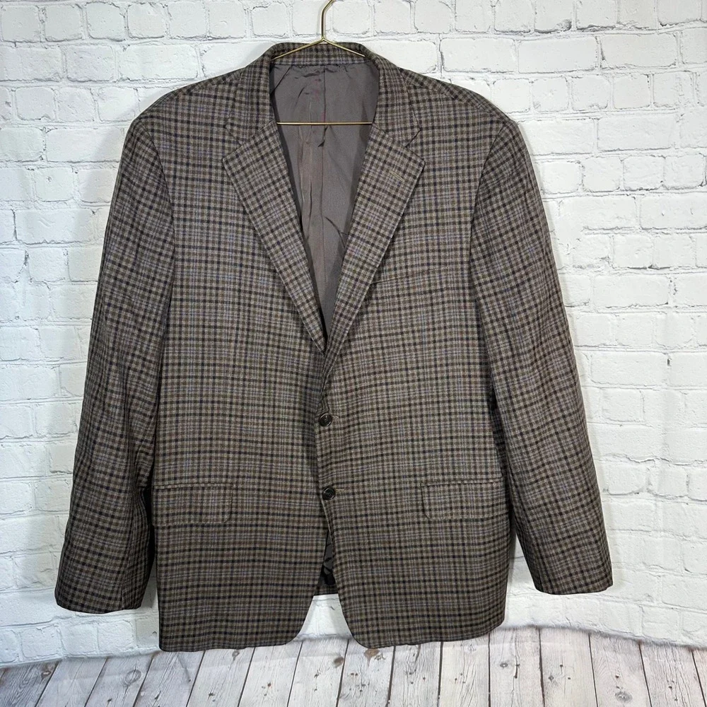 Hickey Freeman Beacon Mens 44R Worsted Wool Blazer Brown Blue Plaid Sport Coat
